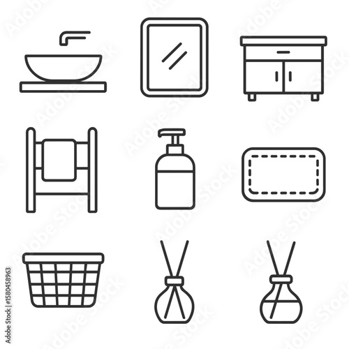 Bathroom Vanity Icons. Line style icons of Bathroom Vanity: vessel sink, wall faucet, framed mirror, vanity cabinet, towel ladder,