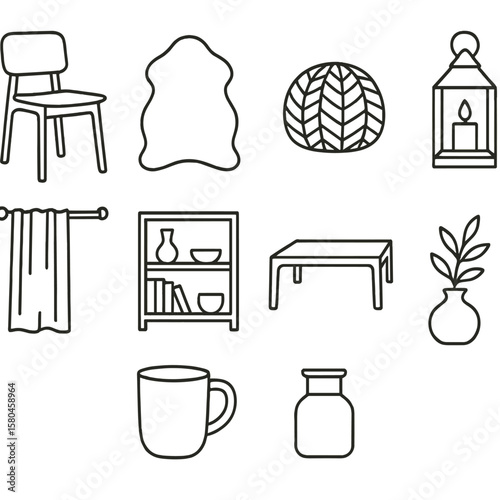 Scandinavian Hygge Icons. Line style icons of Scandinavian Hygge Touches: birch wood chair, sheepskin rug, knit pouf, candle