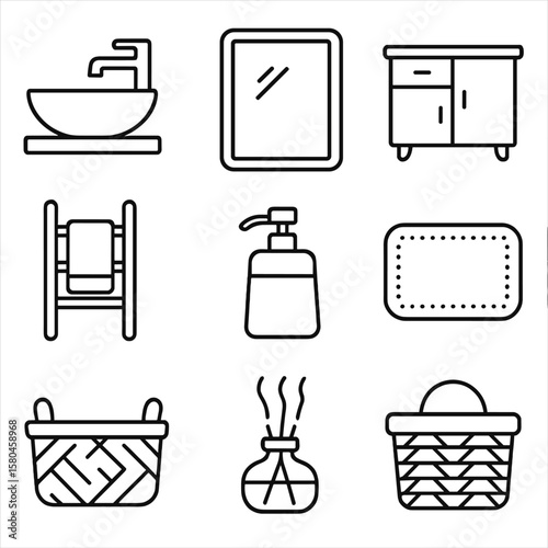 Bathroom Vanity Icons. Line style icons of Bathroom Vanity: vessel sink, wall faucet, framed mirror, vanity cabinet, towel ladder,