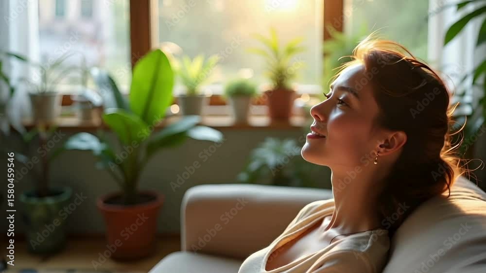 custom made wallpaper toronto digitalSerene Young Woman Relaxing at Home in Sunlit Room Filled with Plants