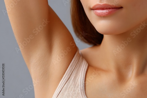 Beauty portrait, young woman posing in studio, natural beauty armpit care.