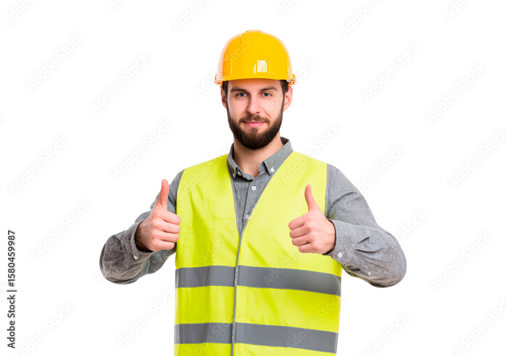 Construction worker giving thumbs up in safety gear on transparent background, PNG Construction worker giving thumbs up in safety gear on transparent background, PNG