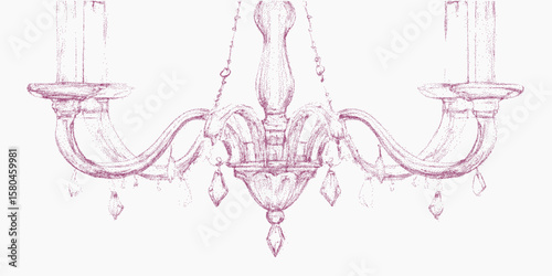Chandelier with three candles on it, purple. Retro pop art stipple sketch, paper photocopy texture, threshold.