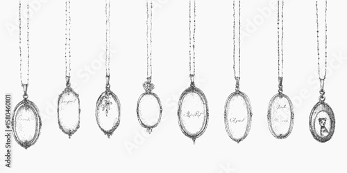 Row of necklaces with letters on them. Retro stipple drawing with photocopy grain texture. Bold threshold contrast, gritty halftone effect, nostalgic.