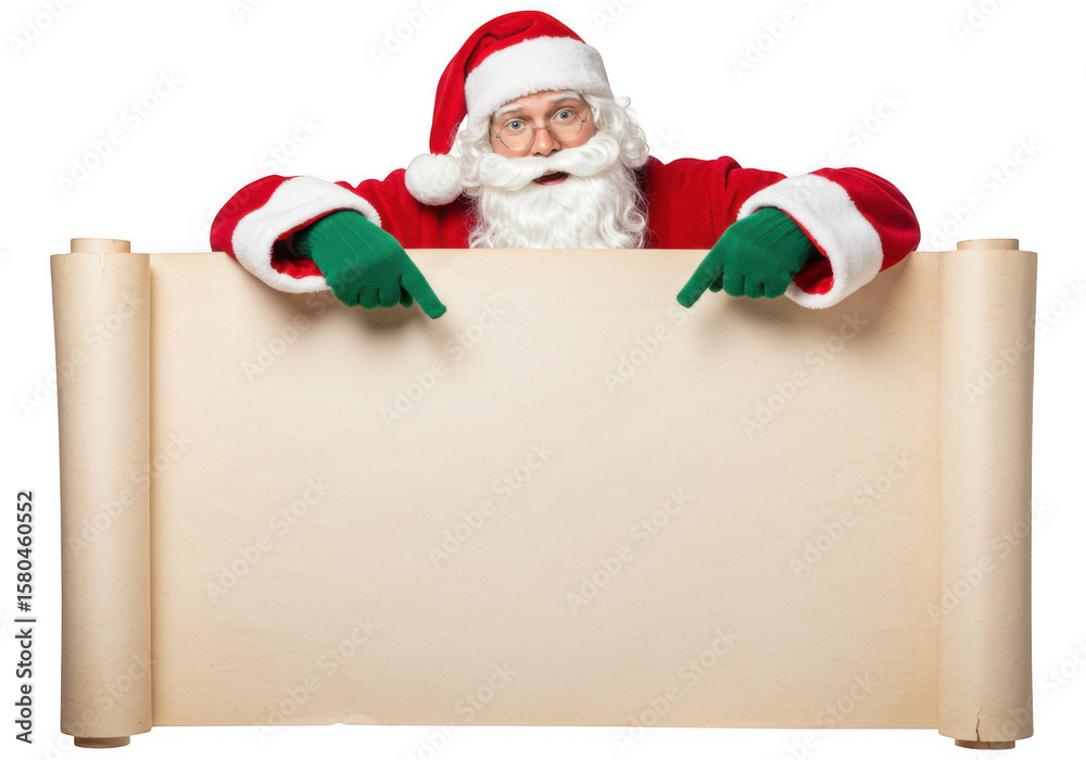 Naklejka premium Santa claus points down at a blank parchment scroll, inviting viewers to add their own message, isolated on a transparent background