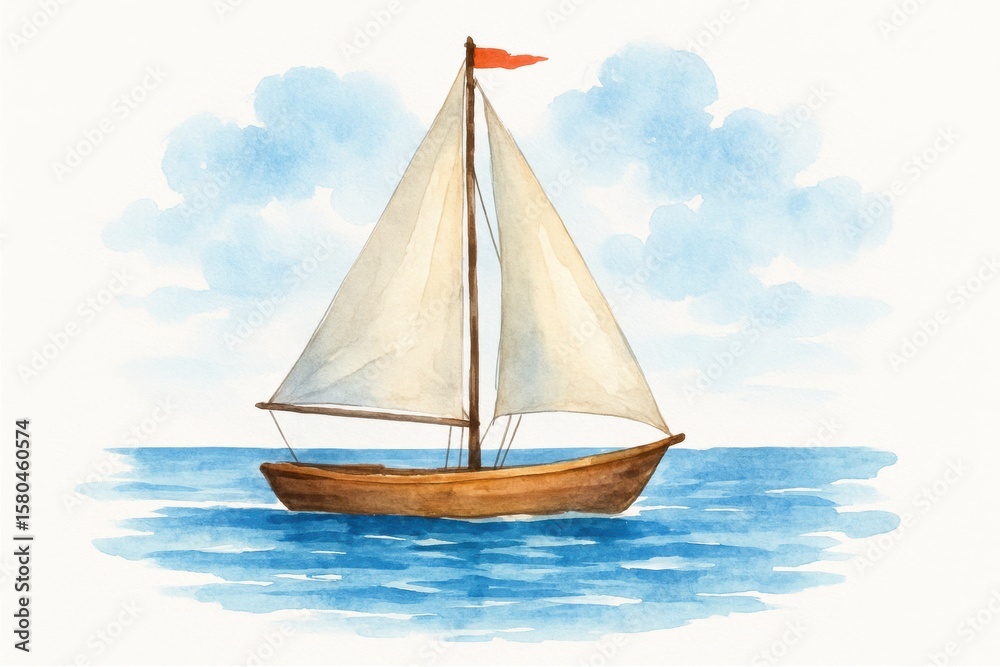 Fototapeta premium Watercolor illustration of a sailboat gliding through calm waters. Perfect for themes of peaceful adventure, relaxation, and nautical explorations.