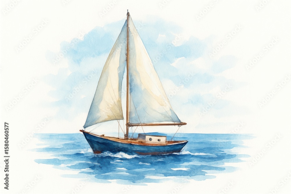 Fototapeta premium A calm and serene watercolor depiction of a sailboat on the ocean. Evokes feelings of freedom, exploration, and peaceful journeys across the sea. 