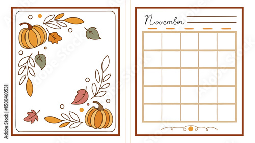 Illustration of november calendar with a woman in autumn clothing and decorative leaves around it