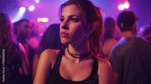 Woman looking pensive in a club with vibrant lighting. Perfect for themes of loneliness, mental health struggles, and personal reflection in nightlife.
