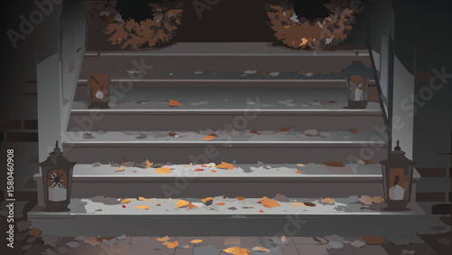 A view of autumn leaves scattered on the steps with decorative lanterns and wreaths on the porch area