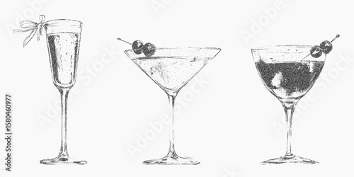 Three glasses of different shapes with cherry on top. Retro photocopy artwork with stipple shading. Gritty halftone dots and noisy threshold texture.