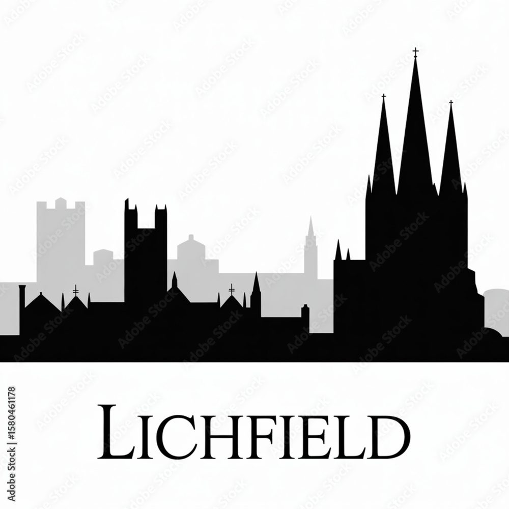 Fototapeta premium Lichfield Skyline Silhouette - Historic English Cathedral City Vector Illustration