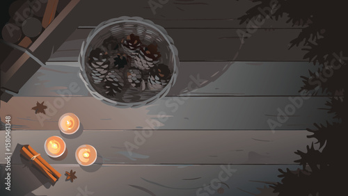 Still life arrangement featuring a basket of pine cones candles and cinnamon sticks on wooden planks