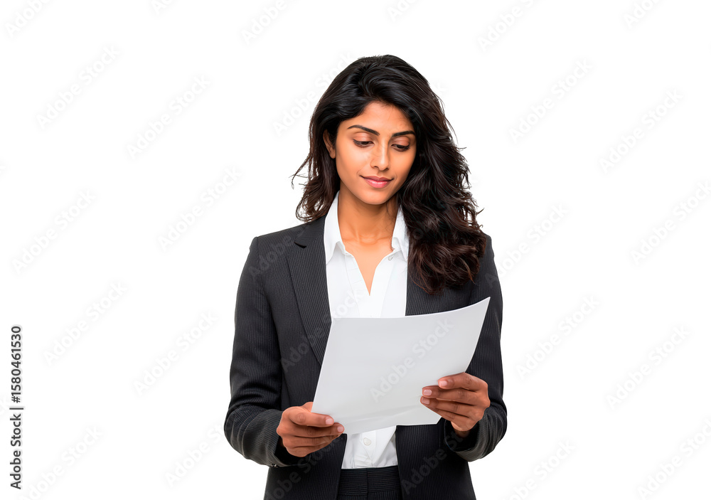 Confident professional woman reading document in business attire on transparent background, PNG Confident professional woman reading document in business attire on transparent background, PNG