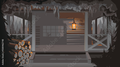 Illustration of a winter cabin porch with firewood icicles and a lantern hanging on the wall outside