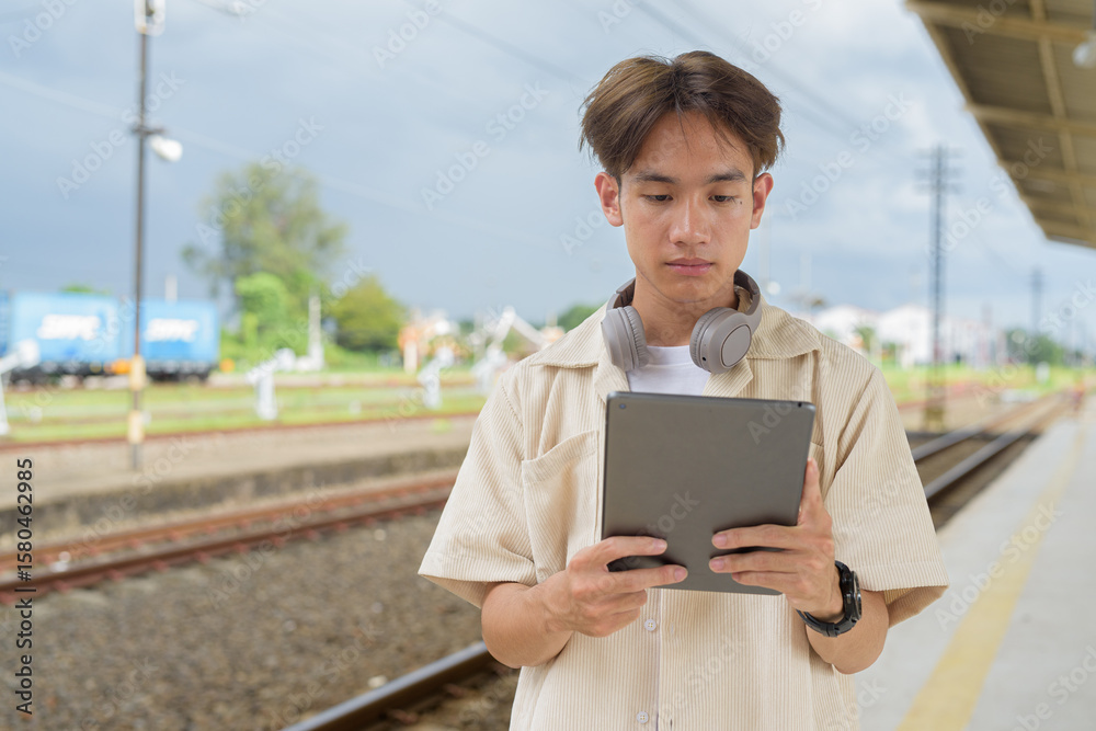 Fototapeta premium Young non binary tourist traveler in train station using digital tablet computer