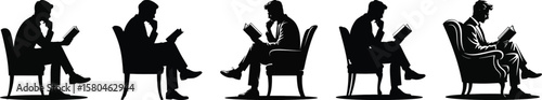 Man in suit reading book in chair silhouette vector for education, literature, and relaxation design elements