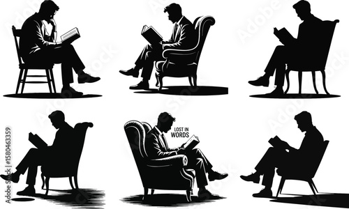 Person sitting and reading book in armchair silhouette vector for education, literature, and relaxation themes
