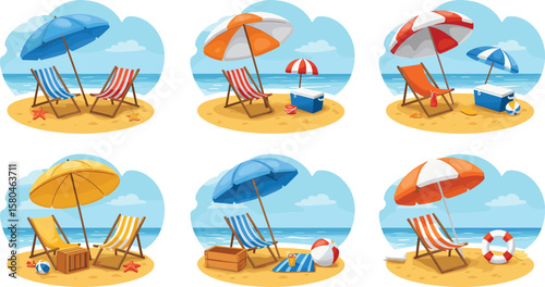 Cartoon beach scenes with umbrellas and chairs, colorful summer vacation illustrations, seaside relaxation, tropical sand, and holiday elements.