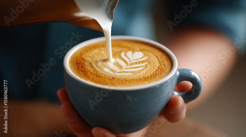 Barista Pouring milk into a cup of coffee, Latte art.