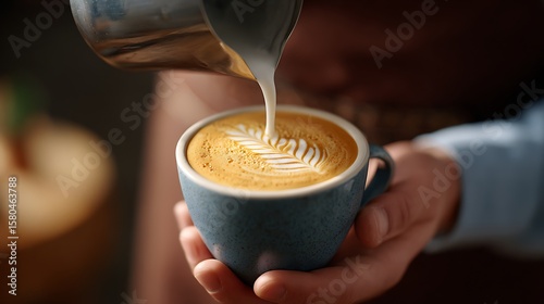 Barista Pouring milk into a cup of coffee, Latte art.