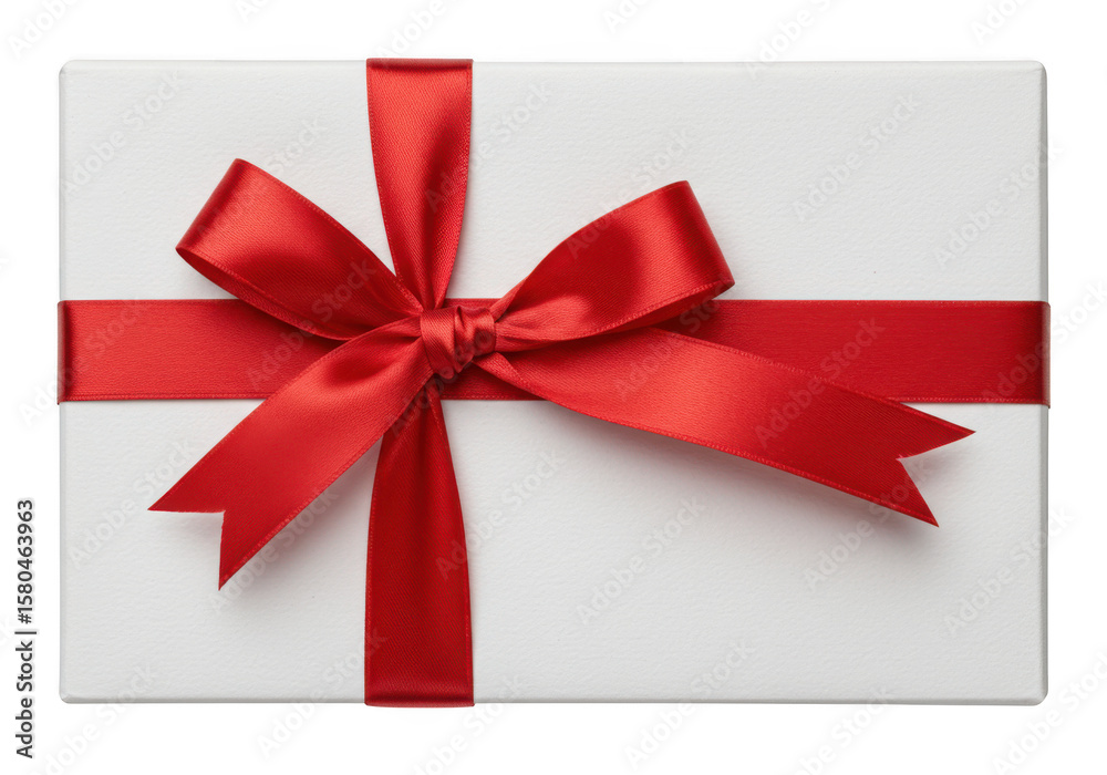 A classic white gift box with a vibrant red satin ribbon and bow, elegantly tied and presented on a clean transparent background, symbolizing celebration and special occasions A classic white gift box with a vibrant red satin ribbon and bow, elegantly tied and presented on a clean transparent background, symbolizing celebration and special occasions