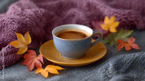 Cup of coffee with autumn leaves