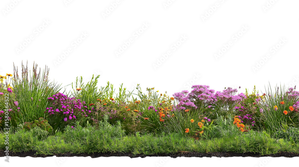 Obraz premium vibrant bed of colorful flowers and greenery isolated on white background