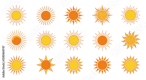 Sun Illustration Collection: A collection of various sun illustrations, each with unique ray designs, emanating warmth and positivity. Perfect for evoking feelings of brightness and summer.