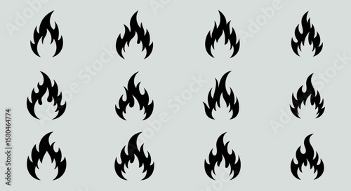 Fire Flame Icon Set: An eye-catching collection of black fire flame icons, representing the powerful and dynamic nature of fire, perfect for a variety of design projects.