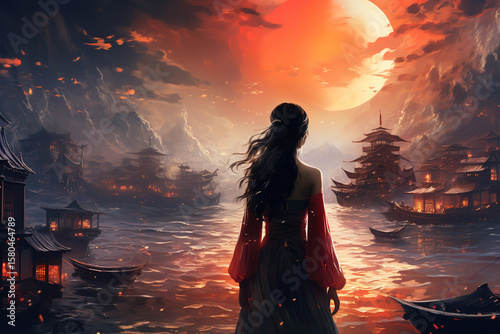 Enchanting Chinese Fantasy Landscape with Floating Lanterns and Pagodas