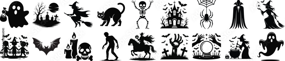 Obraz premium Halloween horror silhouette vector set with ghost, witch, skeleton, haunted house, cat, bat, and graveyard