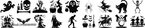 Halloween party silhouette vector icons with ghost, witch, skeleton, haunted house, cat, bat, and graveyard