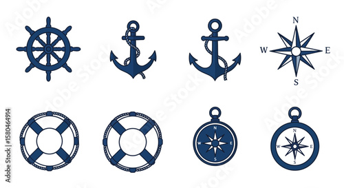 Nautical Icons: A collection of nautical icons, including a ship's wheel, anchor, compass, and life preserver, perfect for evoking the spirit of adventure and exploration.