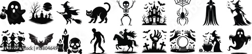 Halloween horror silhouette vector set with ghost, witch, skeleton, haunted house, cat, bat, and graveyard