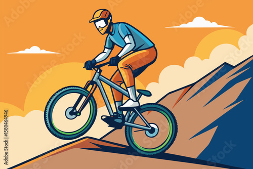 Illustration of Cyclist Riding Across a Mountain Trail at Sunset