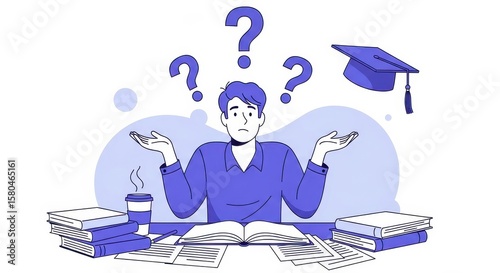 Confused male student with open book, coffee cup, graduation cap and question marks