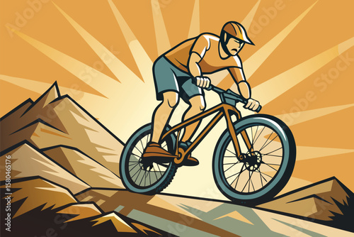 Mountain Biker Rides Trail with Scenic Rays of Morning Sunlight