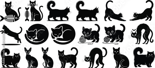 Cat silhouette vector collection featuring playful, sitting, stretching, and sleeping cats for pet and animal design