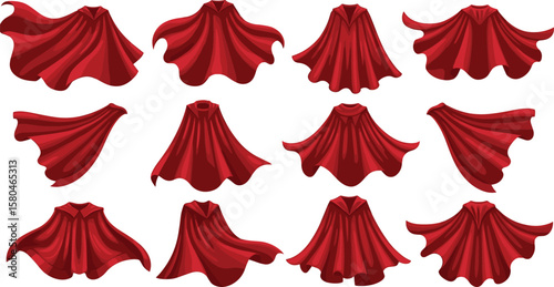 Red superhero cape set illustration with various flying and hanging poses, dramatic flowing fabric for costume, cosplay, fantasy, or animation.