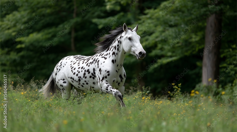 Knabstrupper horse with leopard-like spotted coat galloping across a flower-filled meadow. Knabstrupper horse with leopard-like spotted coat galloping across a flower-filled meadow.