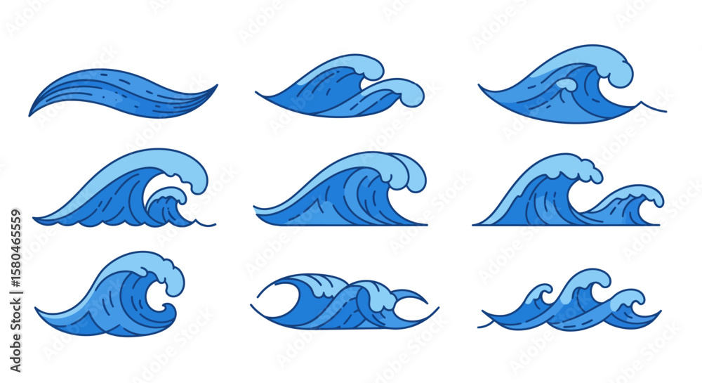 Obraz premium Ocean Wave Set: A collection of twelve unique stylized ocean wave illustrations, perfect for adding a nautical touch to your designs. Each wave is rendered in a simple, elegant style.