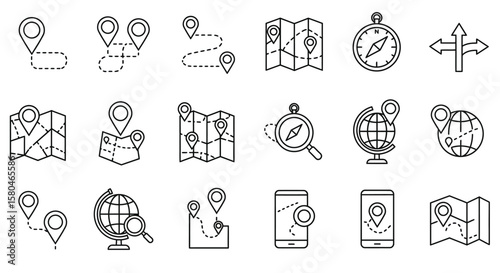 Navigational Icons: A collection of minimalistic icons representing travel elements like maps, location markers, compasses, and globes, all essential for exploration. 