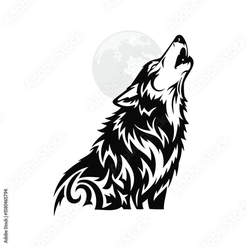 Tribal Wolf Howling at the Moon Intricate Black and White Tattoo Design Silhouette Against a Bright White Background