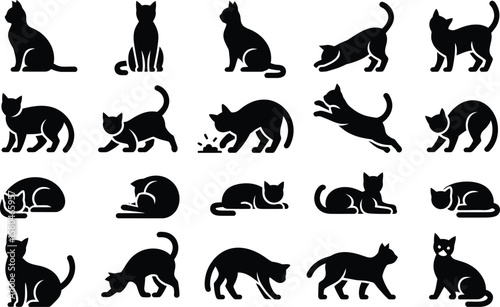 Minimal cat silhouette vector set with simple shapes and playful poses for pet and animal design concepts