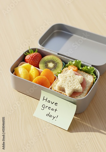 Child's lunchbox with fruit, vegetables, and a star-shaped sandwich; a note wishing a good day.