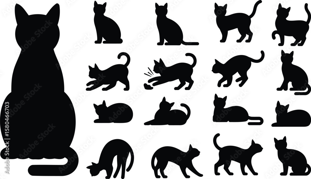 Fototapeta premium Cat silhouette vector collection with sitting, walking, and playing cats for pet, animal, and cartoon design