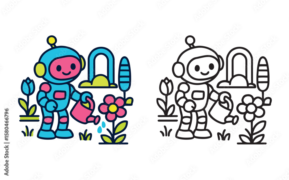 Naklejka premium Cute Robots Gardening in Space – Half Colored and Line Art Vector Illustration for Kids