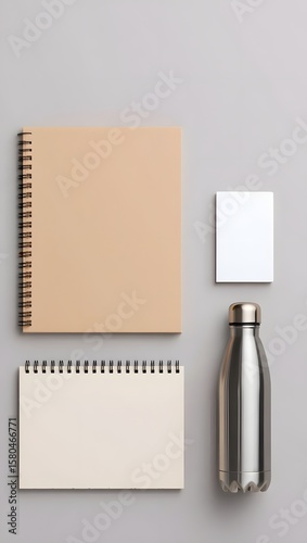 Minimalist stationery flat lay with notebooks water bottle for office or school use