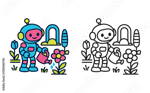 Cute Robots Gardening in Space – Half Colored and Line Art Vector Illustration for Kids

